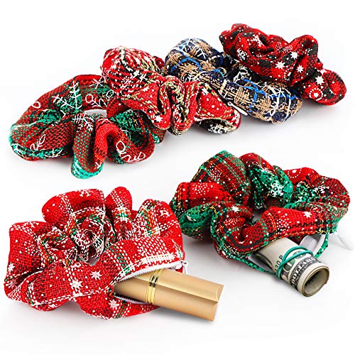 Jaolex 6 Pcs Christmas Hair Ties With Hidden Zipper Pocket Velvet Hair Scrunchies Glittery Ponytail Holders Soft Elastic Hair Bands Women or Girls Hair Accessories