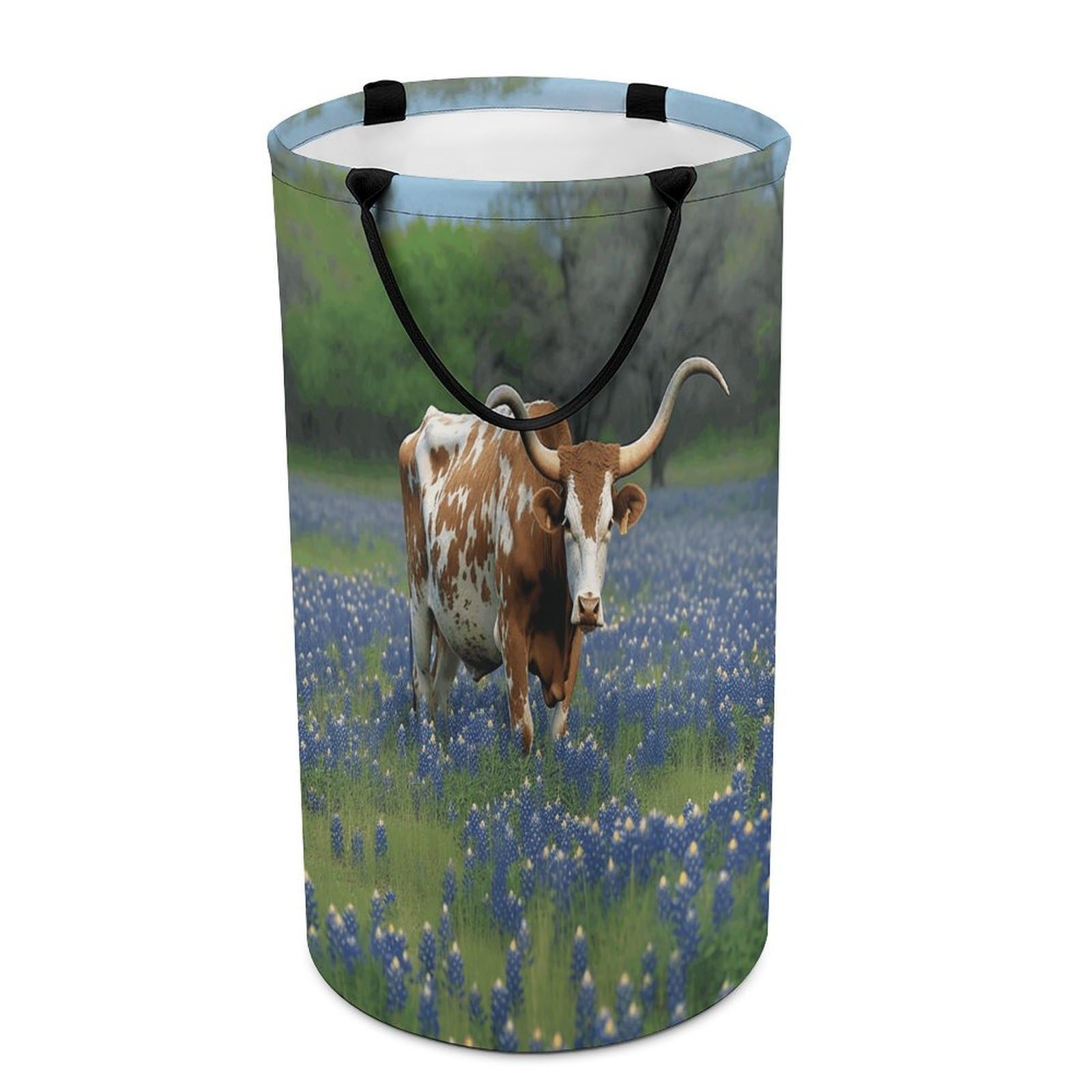 Bluebonnet Longhorn Laundry Basket Large Foldable Laundry Hamper with Handles Freestanding Collapsible Clothes Basket Waterproof Portable Dirty Clothes Hamper for Bathroom 86L