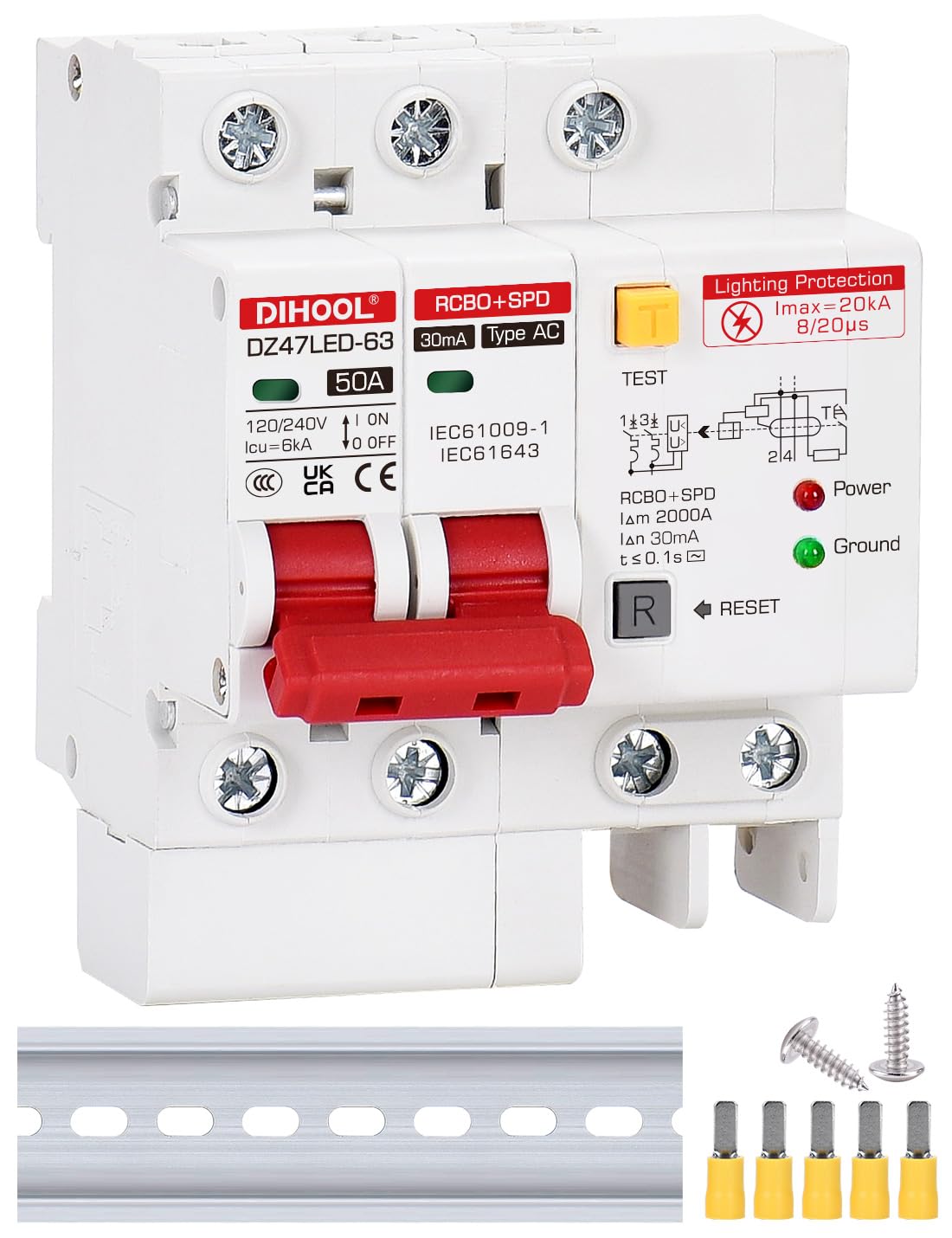 DIHOOL Ground Fault Circuit Breaker with Voltage Surge Arrester Protection, 50 Amp 2 Poles AC 120V-240V, DIN Rail Mount Residual Current Circuit Breaker 50A