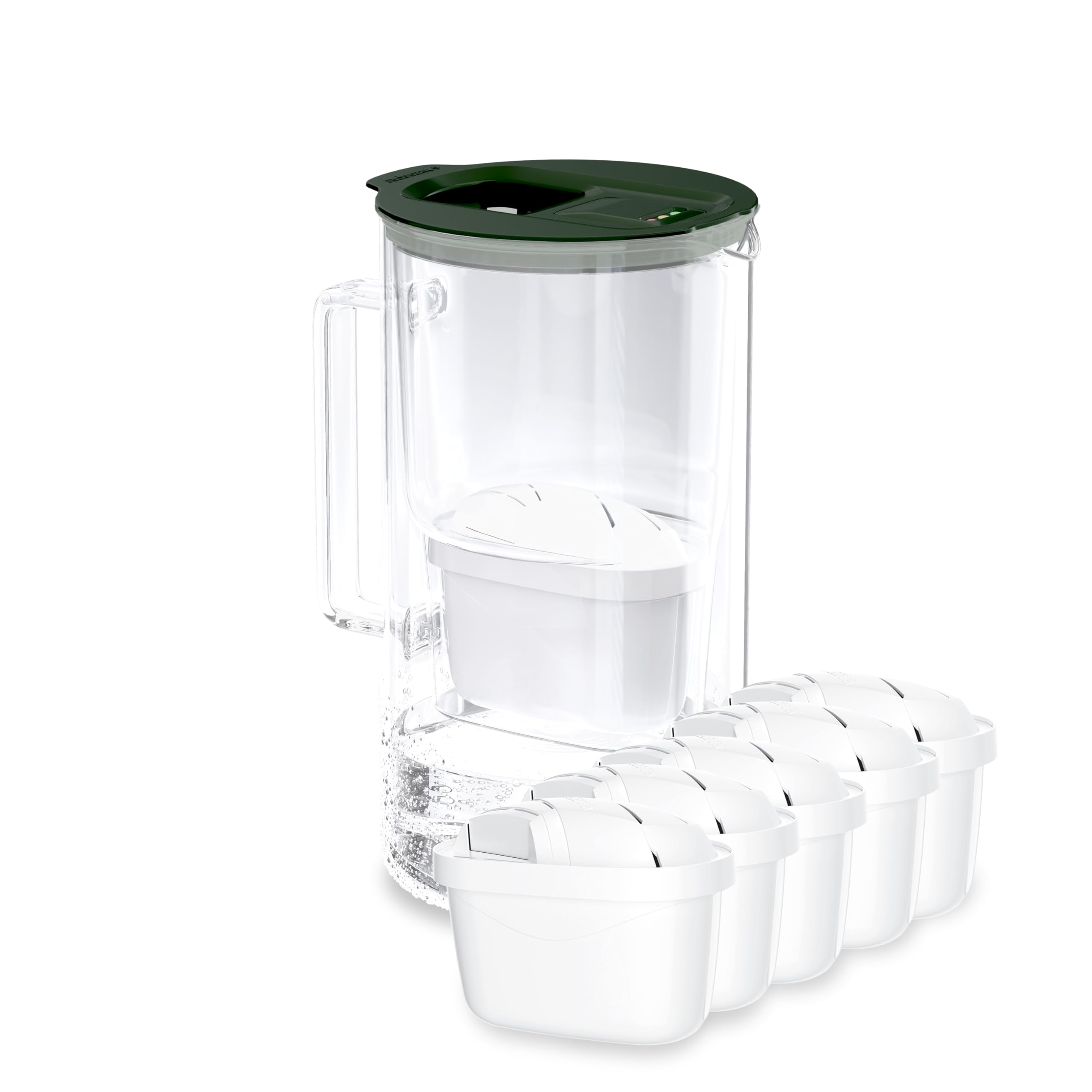 Wessper Jarra Filtradora de Agua con Contador LED, 2 Litros, Cristal Borosilicato, Jarra Compacta con 5 Filtros de Carbón Activo, sin BPA - Verde