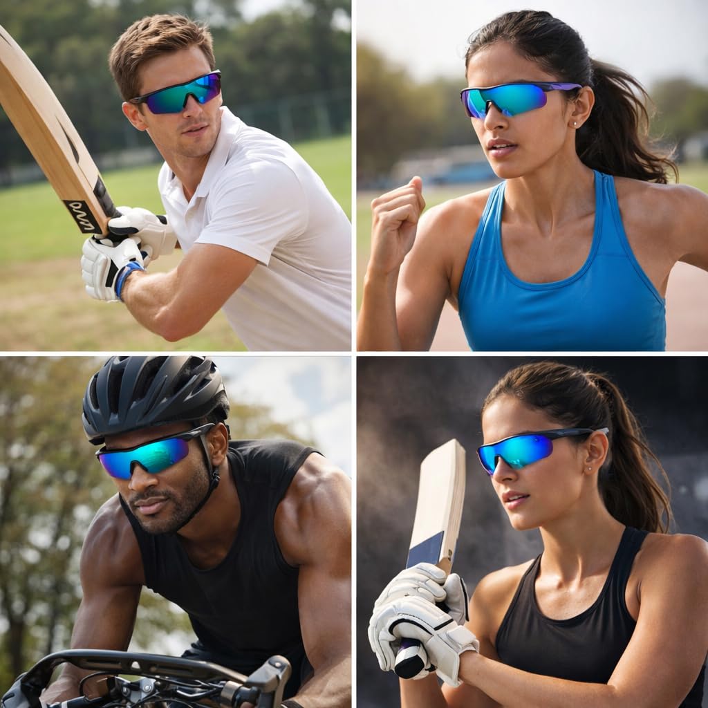 Dervin Non Polarized Oversized Sports Sunglasses for Men Women, Outdoor Cricket Cycling Hiking Fishing Sunglasses (Black-Blue) 3