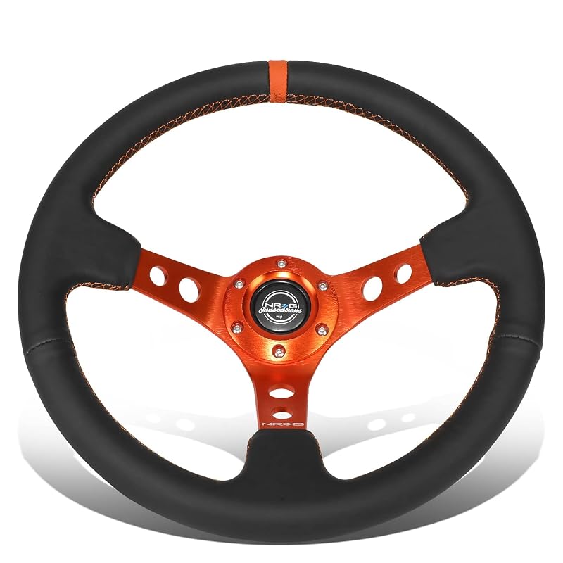 Volante esportivo reforçado NRG Innovations NRG-RST-006OR 350 mm em couro preto com marcação central laranja