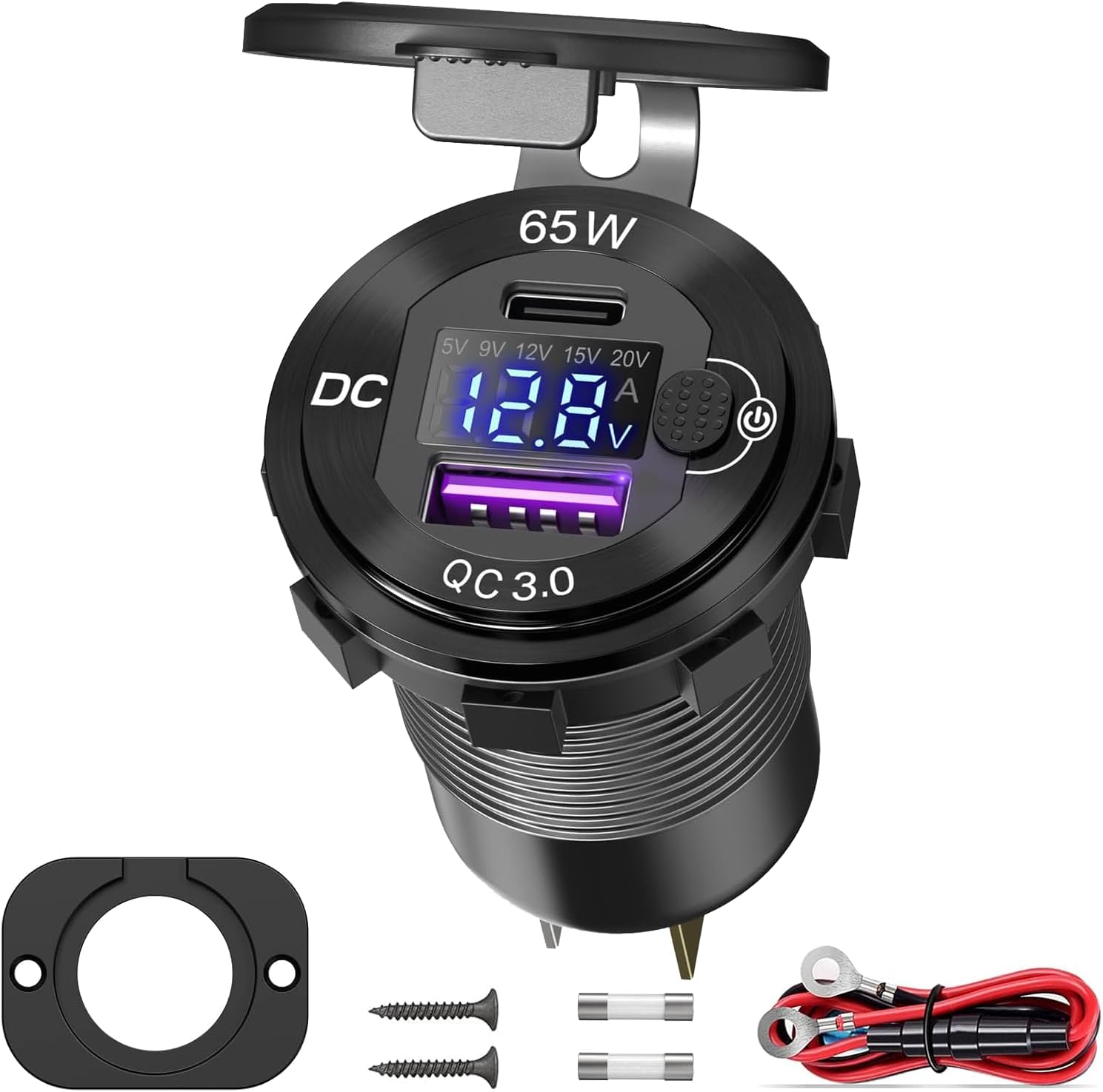 Upgrade Aluminum12V USB Outlet,65W PD and Quick Charge 3.0 Multi USB Port for Car,Waterproof Cigarette Lighter Replacement Socket with Voltmeter and Switch for Motorcycle RV Marine Golf (Pack of 2)