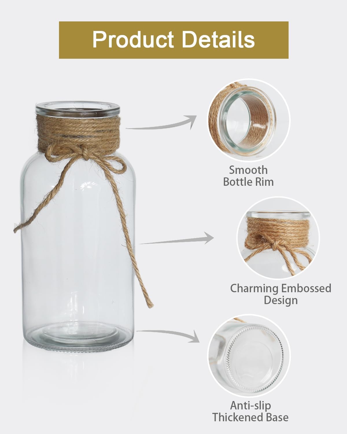 6Pcs Vintage Glass Vases Set with Hemp Rope – Rustic Clear Cylindrical Bottles for Wedding Centerpieces, Home Decor, Floral Arrangements, Farmhouse Decoration - Image 3
