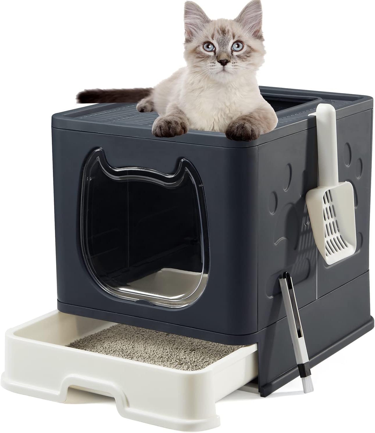 Foldable Cat Litter Box with Lid, Covered Kitten Litter Box with Kitty Litter Scoop and 2 in 1 Brush, Easy to Clean Litter Pan, Enclosed…