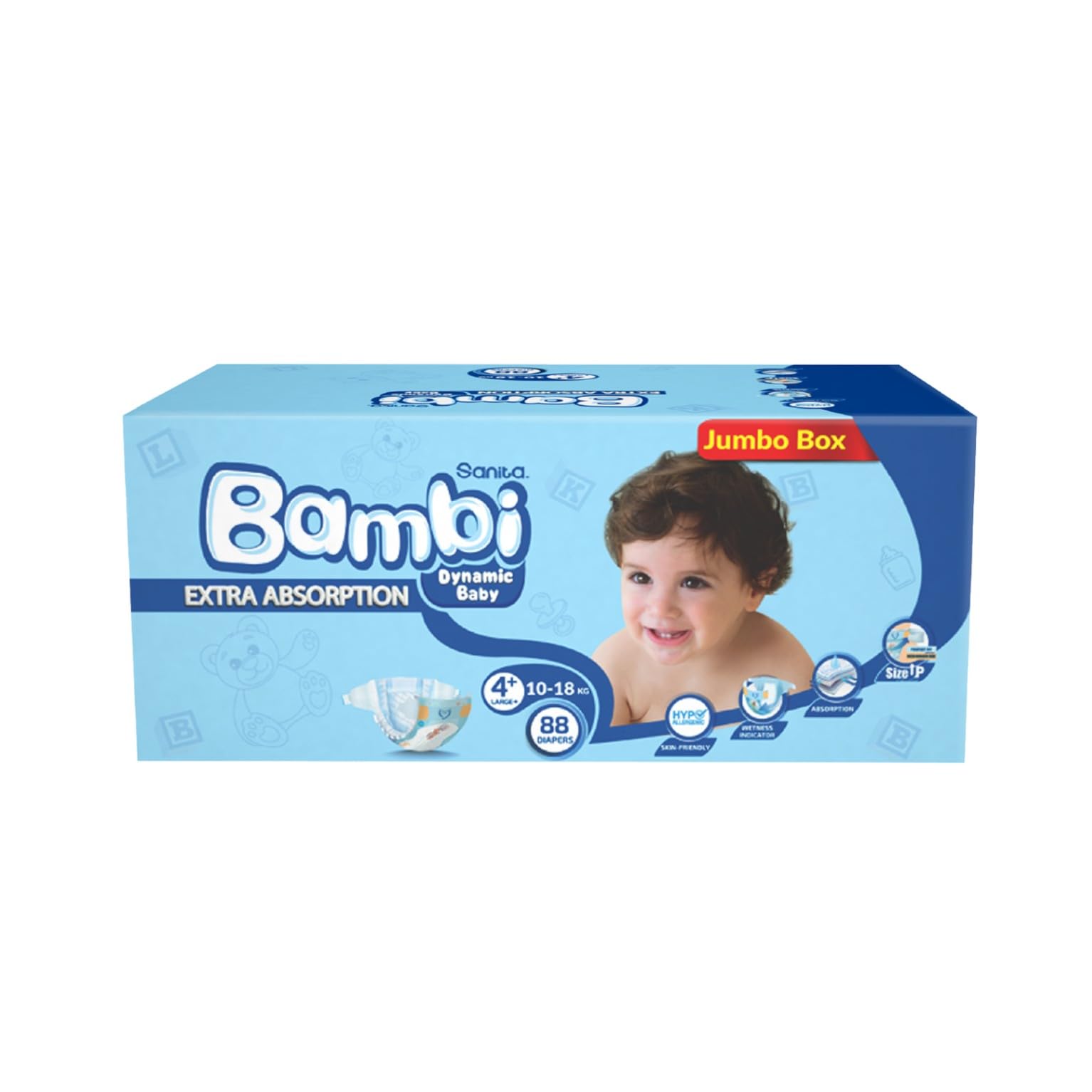 Sanita Bambi Baby Diapers, Size 4+, 10-18 kg, Skin-Friendly with Hypoallergenic Inner layer, Wetness Indicator, Leakage Protection & Comfort - Jumbo Box, 88 Count