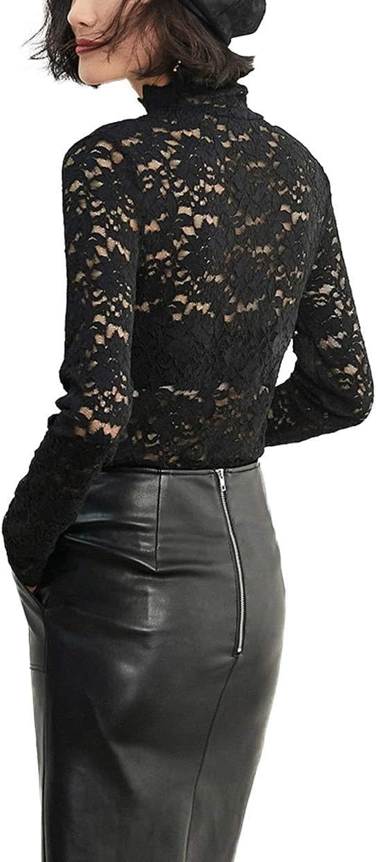 Women's Floral Lace Top Sexy Long Sleeve Mock Neck Casual Shirt Going Out Blouse - Image 7