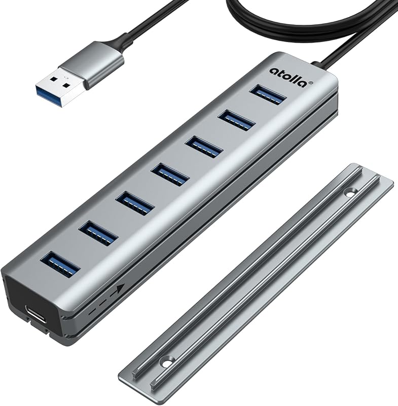 7-Port Mountable USB 3.0 Hub with Removable Sliding Rails - High-Speed Data Splitter for Desk Organization & Stable Connection, Compatible with MacBook, Laptop, PS4, PC