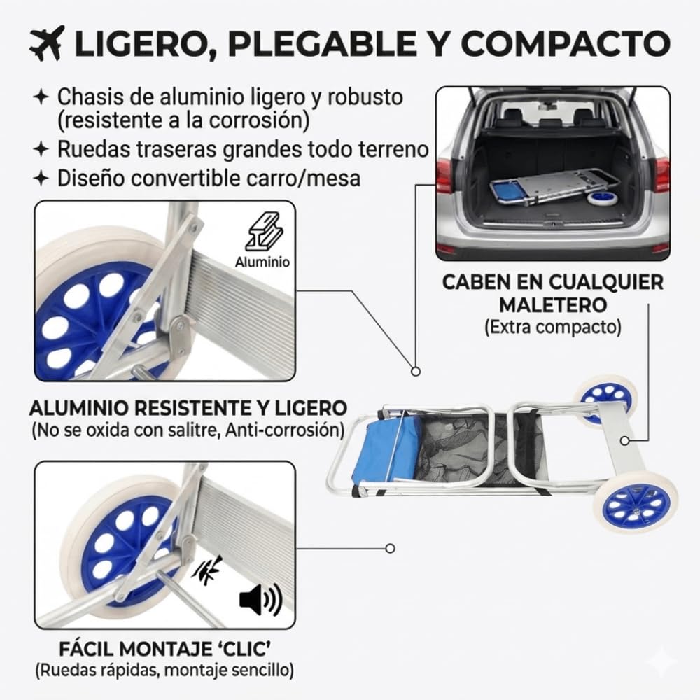 DEVESSPORT Carro de Playa Multifunción Convertible en Mesa Plegable | Ruedas Grandes, Aluminio Ligero, Bolsa de Red y Diseño Compacto para Transporte y Comodidad en la Playa o Camping