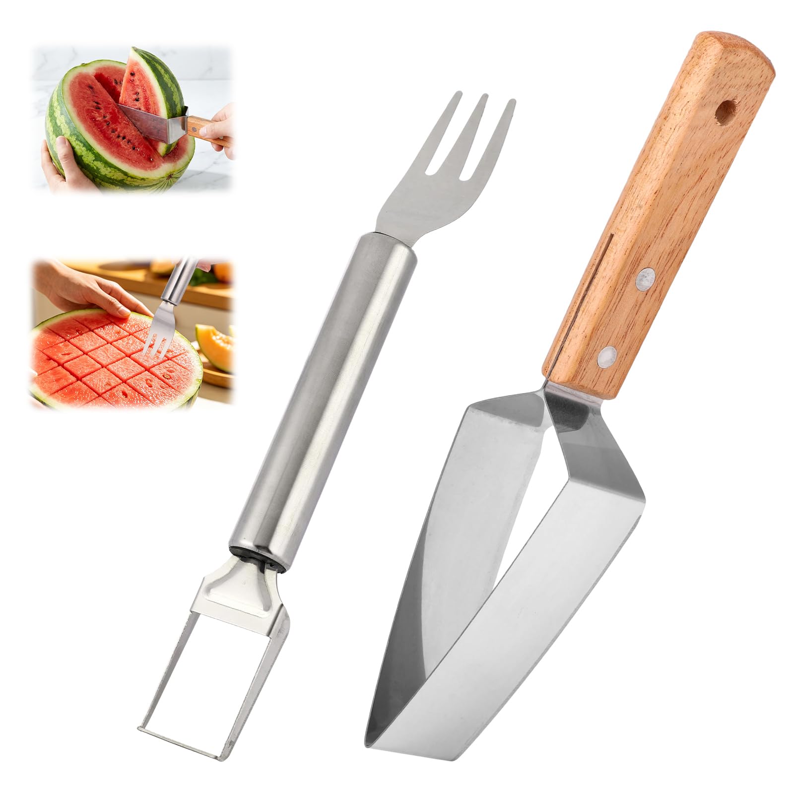 Triangle Watermelon Cutter & Fork Slicer, 2026 New 430 Stainless Steel Watermelon Cutter Slicer Tool with Wooden Handle Summer Fruit Cutting Kitchen Gadget for Home