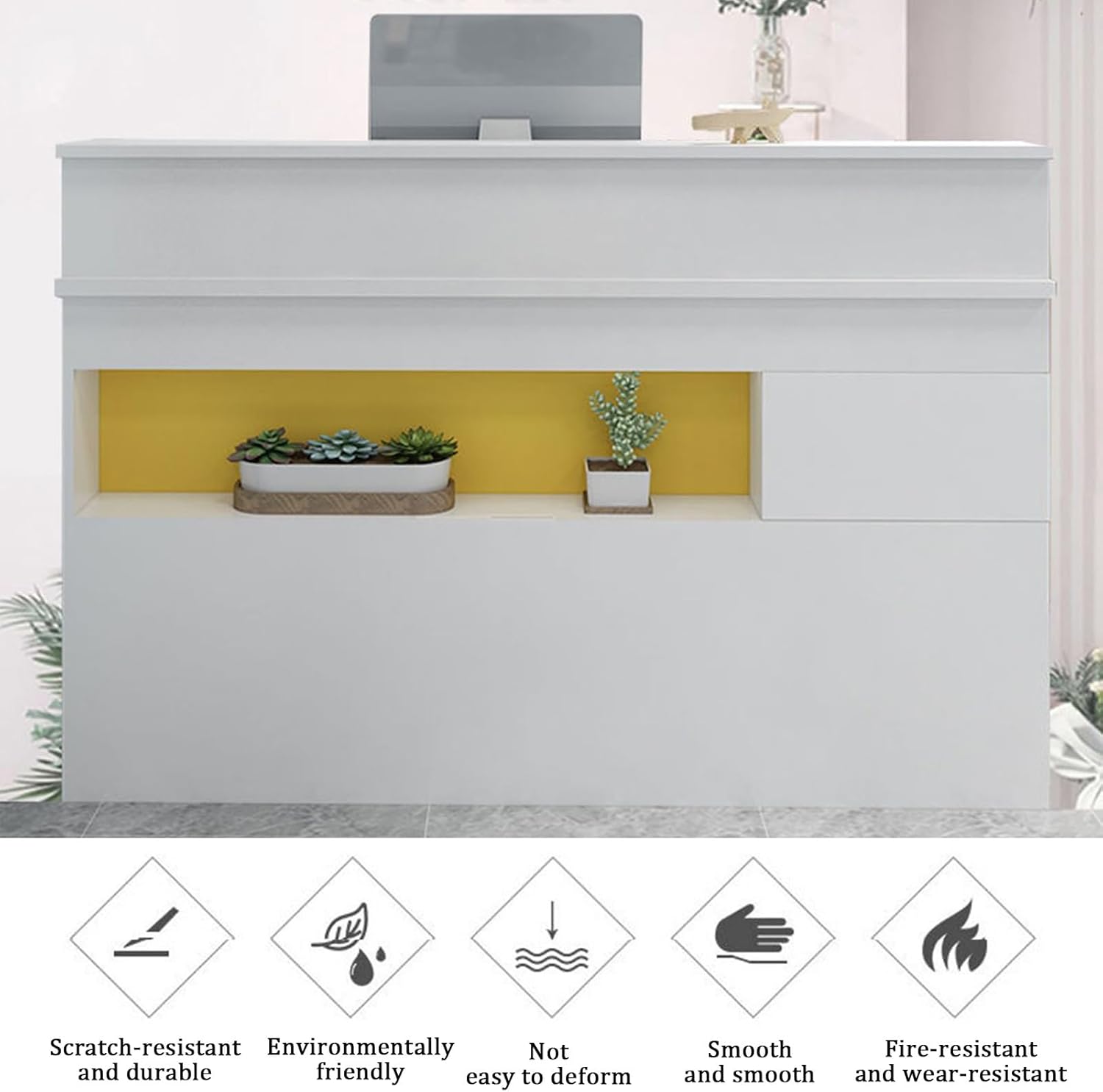 YVYKFZD Reception Desk, L-Shap Front Desk Reception, Reception Counter Desk with Display Shelf and Lockable Drawers, Standing Retail Checkout Counter Table(Warm White,31.4"x19.6"x39.3")