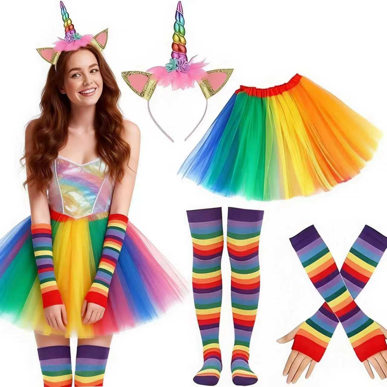 Disfraz de unicornio para adultos, disfraz de arcoíris para mujer,banda de cuerno de unicornio, falda tutú arcoíris, calcetines a rayas hasta la rodilla y guantes largos,guantes largos para fiestas de