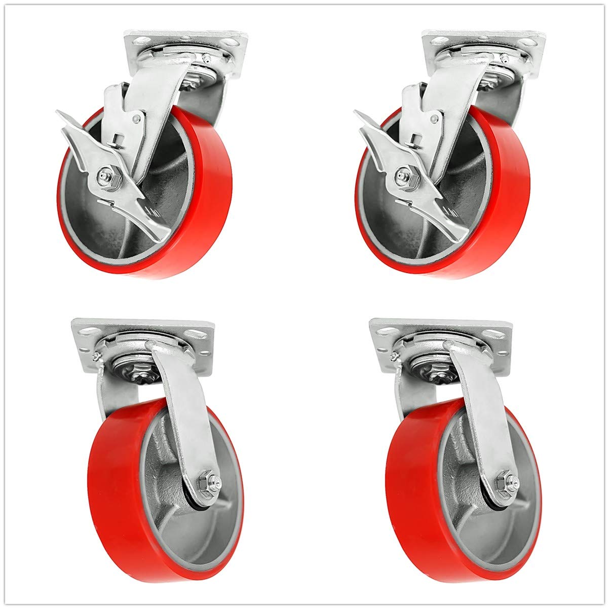 5 4 Pack Plate Caster, Heavy Duty Polyurethane Mold on Steel Wheel w/Top Plate Caster Extra Width 2 inches 4000 lbs Total Capacity (5 inches Pack of 4, Red, 4 Swivel 2 w/Brake)