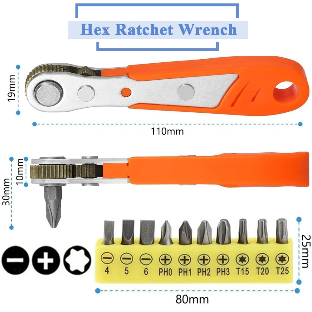Eyech Mini-Ratschenschlüssel Mit 10 Bits – 1/4 Zoll, Rechtwinklig & Magnetisch, Ideal Für Enge Räume & Reparaturen