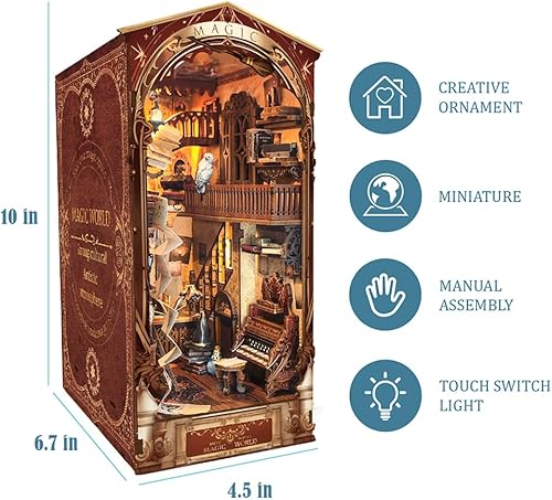 Miniatura 2 de Kit de rincón de libros de bricolaje, rincón de libros de casa de muñecas, sujetalibros mágicos 3D de rompecabezas de madera, kits de rincón de