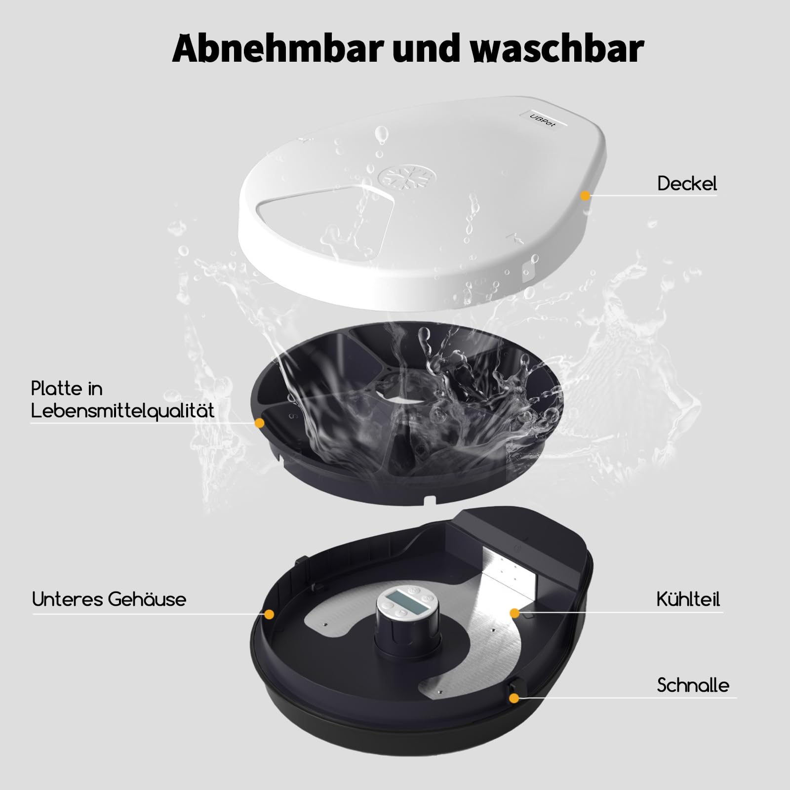 Futterautomat Katze Nassfutter mit Kühlung, Halbleiter-Kältetechnik, Timing-Funktion Katzenfutterautomat, 5 Futterfächer, Premium-Teller, waschbar, für Katzen + Hunde