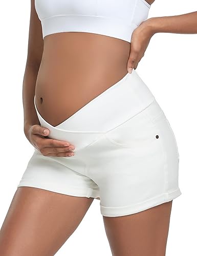 HOFISH Women's Stretchy Maternity Jeans Shorts Over The Belly Denim Shorts Pants Comfy Workout Casual Pregnancy Shorts