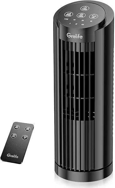 Grelife 13" Electronic Tower Fan with Remote Control, 3 Speed & 3 Modes, 90° Oscillation, LED Display, 7.5H Timer, Quiet Bladeless Cooling – Portable Space-Saving for Bedroom Office, Home