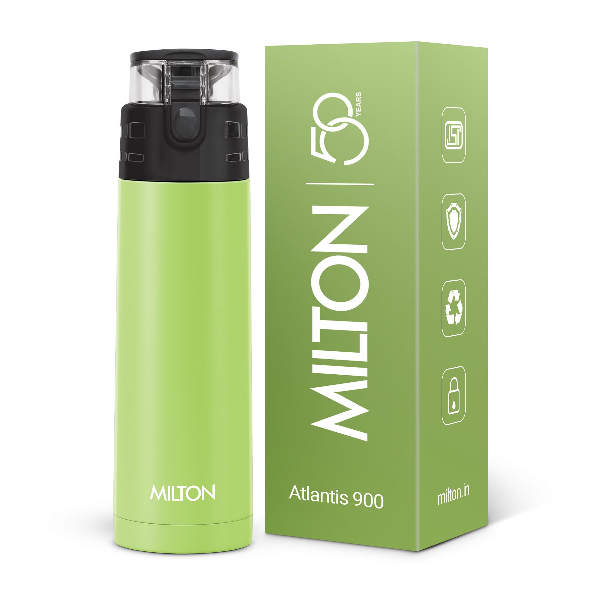 Milton Atlantis 900 thermosteel Water Bottle 750 ml, 24 Hr Hot and Cold I Leak Proof Lid, ISI Certified I Vacuum Insulated I for Office, Gym, School I Green