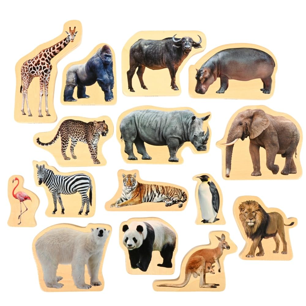 tickit Wooden Wild Animal Blocks – Double-Sided Wooden Toy Set for Early Learning, Nature Discovery and Imaginative Play, Realistic Wildlife Images, 15-Piece Set, Brown, Tan