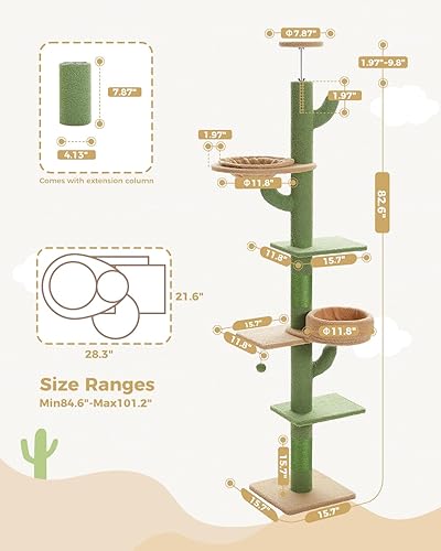 Miniatura 5 de PETEPELA Árbol para gatos de piso a techo [87-100 pulgadas] altura ajustable, torre para gatos de cactus de 5 niveles con percha y hamaca