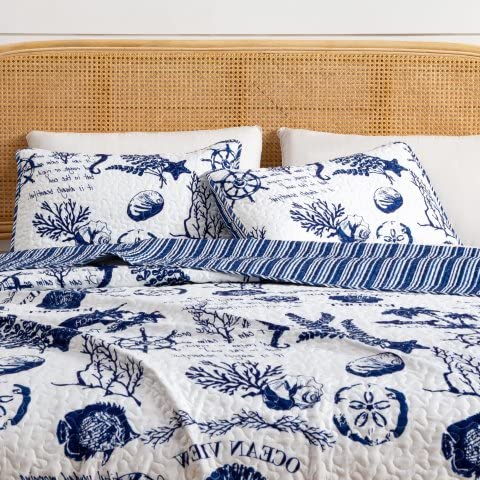 Great Bay Home 2-Piece Twin Reversible Lightweight Nautical Quilt Comforter With 1 Sham | All-Season, Beach Bedspreads | Navy Coastal Coverlet Sets | Catalina Quilts Collection #TOP5