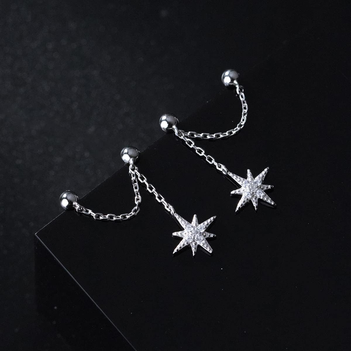 SLUYNZ 925 Sterling Silver Double Piercing Earrings Crawler Cuff for Women Double Holes Earrings Wrap Star Dangle Cartilage Helix Piercing Earrings