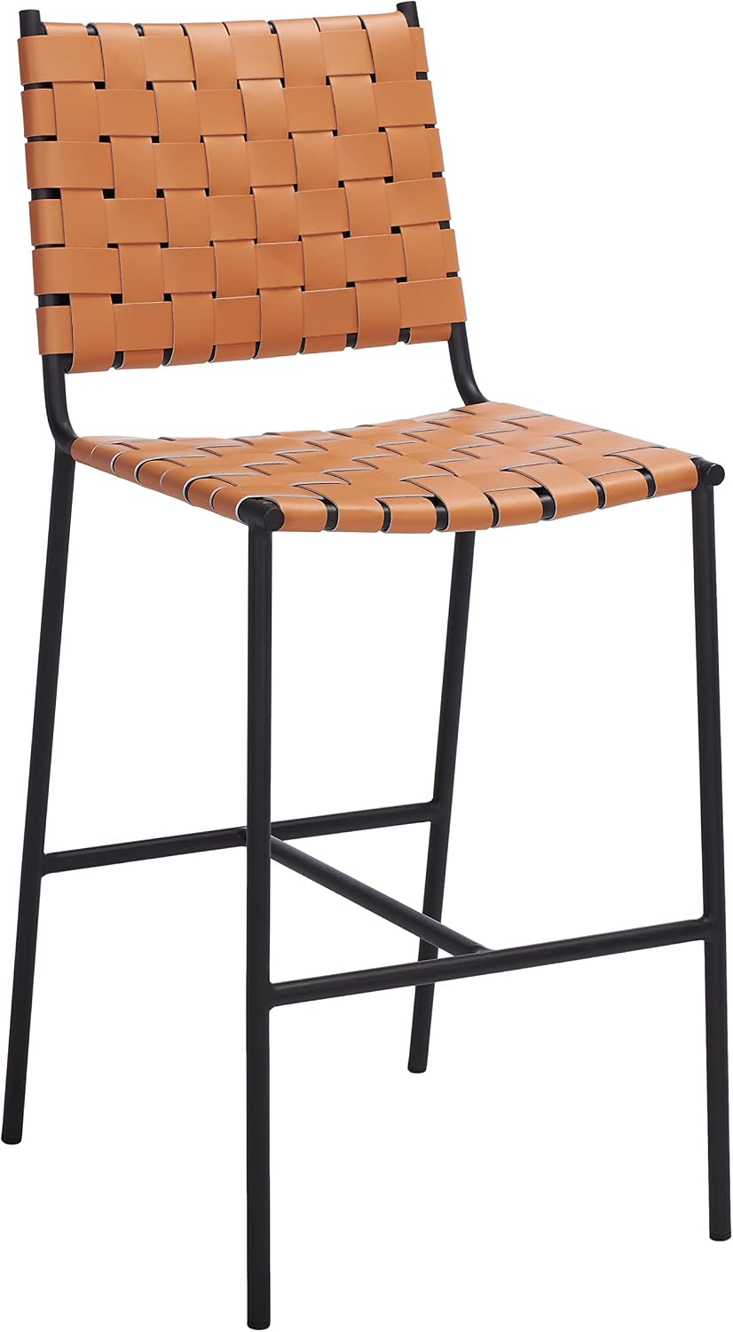 SAFAVIEH Home Collection Olenna Cognac Woven Leather/Black 26-inch Kitchen Island Breakfast Nook Counter Stool (Fully Assembled)
