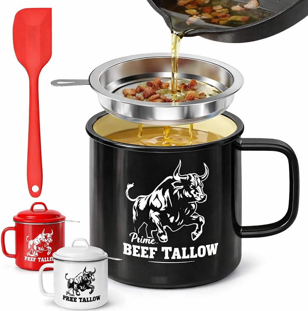 Beef Tallow Container with strainer for Fat Storage – 40 floz–1.1 L– Bacon Grease Container, Strainer, & Spatula for Brisket Drippings, Lard, & Oil– Grease Keeper for Kitchen - Dishwasher Safe (Black) image 2