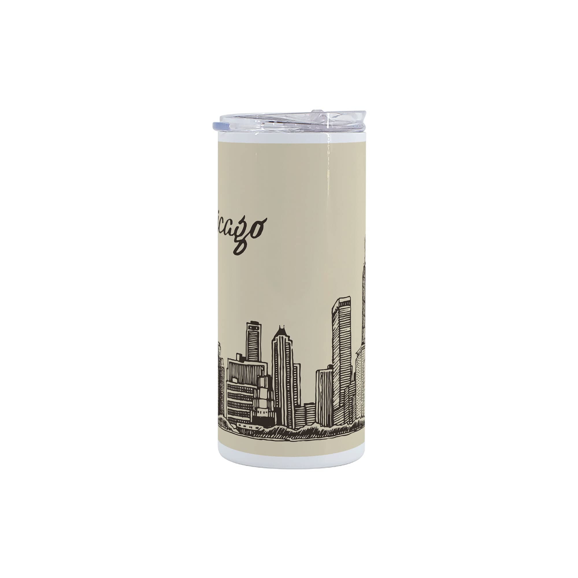 Ambesonne Chicago Skyline 12 Oz Skinny Tumbler, Vintage Style Urban Silhouette Country Culture Architecture Capital, Vacuum Insulated Travel Canteen Cup Leakproof for Travel Picnic, Beige Dark Brown
