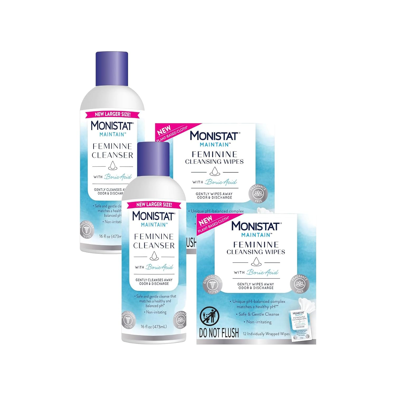 Monistat Boric Acid Feminine Cleanser, (2 Wash & 2 Cloth) Variety Pack