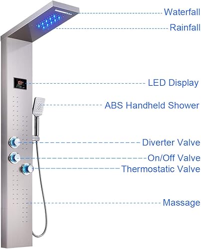 Miniatura 15 de ELLO&ALLO Sistema de masaje de lluvia con chorros corporales de acero inoxidable para baño, sistema de torre de panel de ducha, níquel cepillado