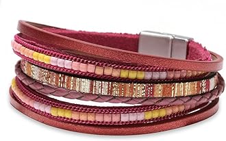Fesciory Women Multi-Layer Leather Wrap Bracelet Handmade Wristband Braided Rope Cuff Bangle with Magnetic Buckle Jewelry