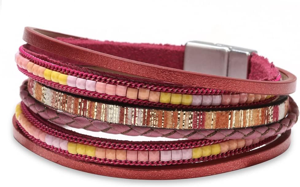 Fesciory Women Multi-Layer Leather Wrap Bracelet Handmade Wristband Braided Rope Cuff Bangle with Magnetic Buckle Jewelry