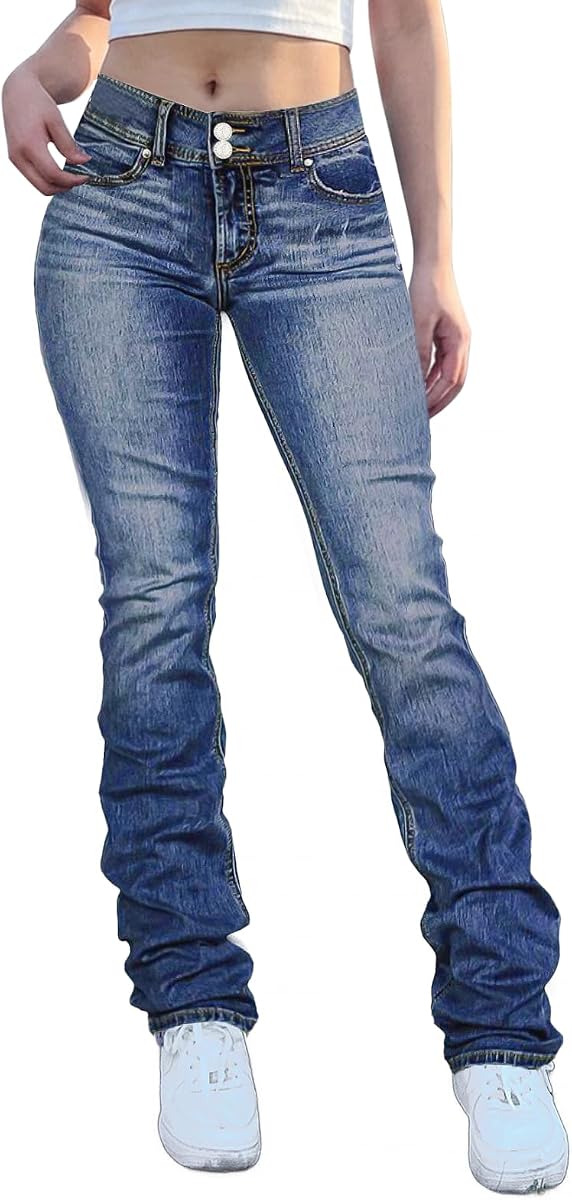 Flamingals Jeans con corte de bota y cintura alta para mujer Pantalones vaqueros acampanados | Vaqueros Acampanados, Cintura Alta, Control De Barriga, Elásticos, De Moda, Pantalones Rectos Acampanados