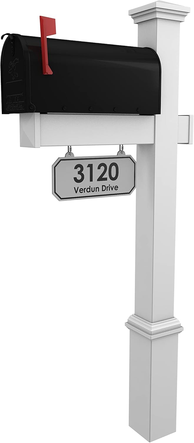 4Ever Products The Fitzgerald Mailbox with Post Included, Hanging Blank Address Plate, Black Metal Mailbox with White Vinyl Post Combo Complete System