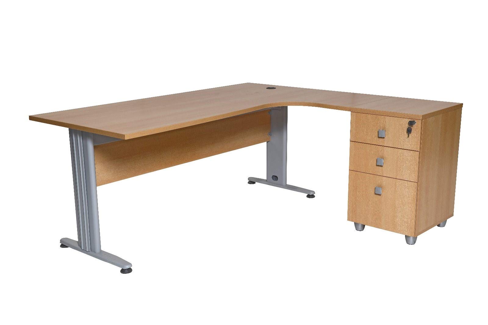 Furni24 Schreibtisch Winkelschreibtisch, Eckschreibtisch, Moderner Bürotisch Computertisch mit großer Arbeitsfläche, Bürotisch,PC Tisch, Dona Buche 180x120x74cm inkl.Beistellcontainer rechts gewinkelt