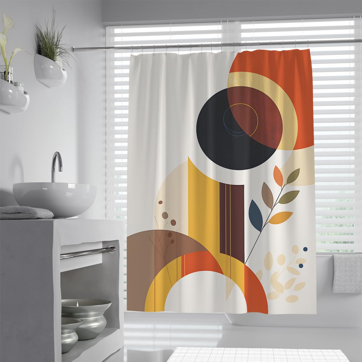 UIRINGART Abstract Shower Curtain W120xL180cm Navy Circle Geometric Arch Art Mould Proof Easy to clean Polyester Fabric Lightweight Bathroom Bathtub Curtains