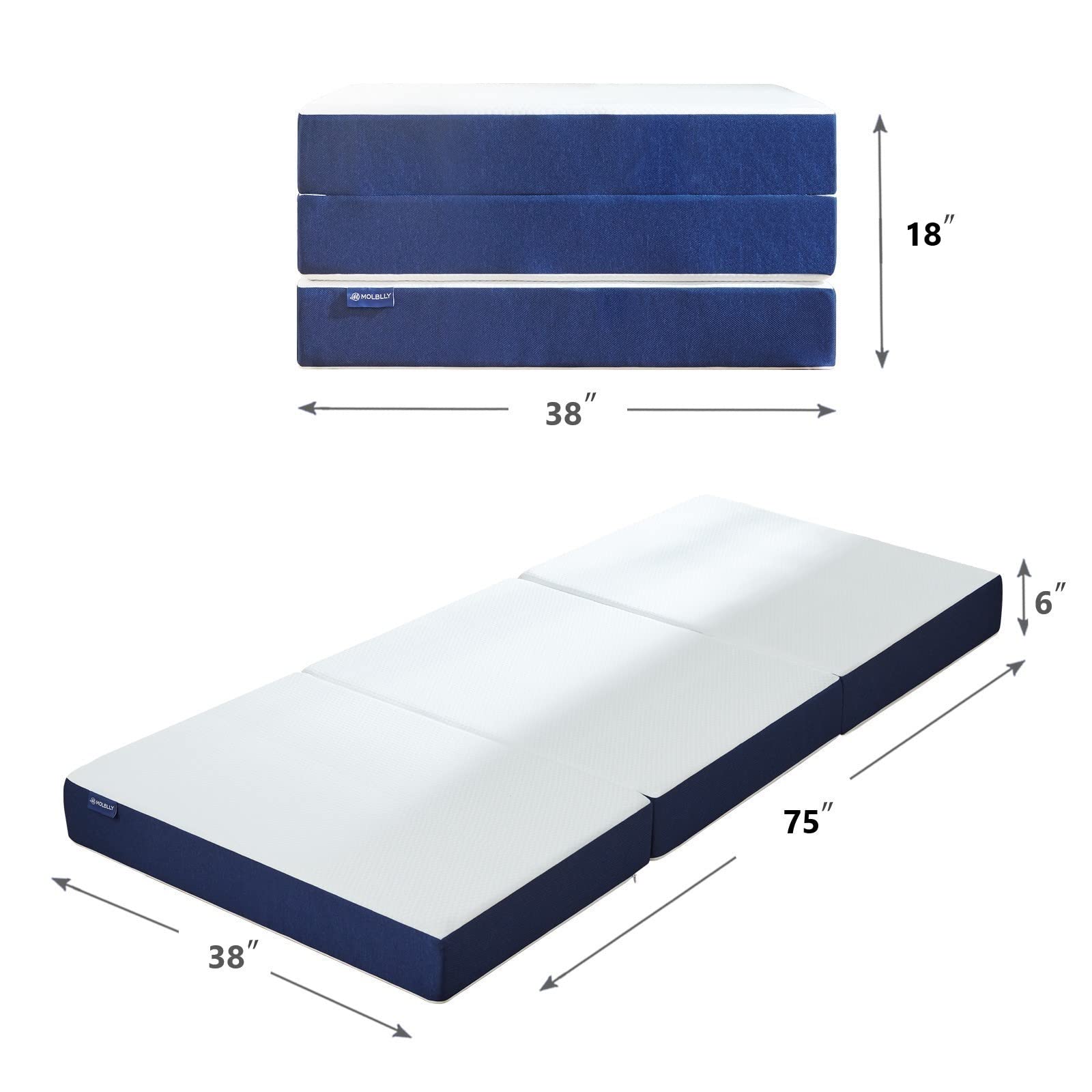 Molblly Folding Mattress, 6 inch Memory Foam Tri Folding Mattress, Portable Trifold Mattress Topper with Breathable & Washable Cover, Foldable Mattress Guest Bed for Camping, Twin - 38"x 75"x 6"