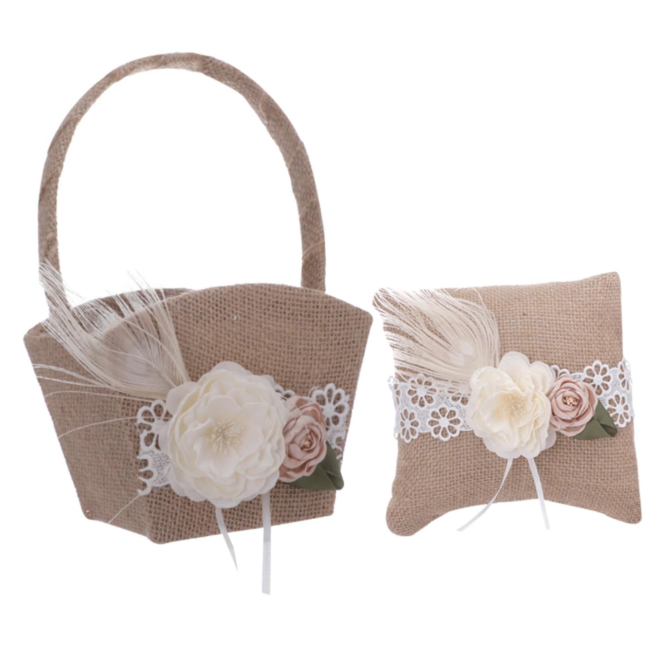 Panier de demoiselle d'honneur en lin rustique chic et son coussin porte-alliances assorti