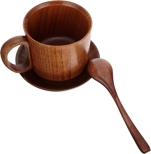 Hemoton Taza de café de madera con cuchara y posavasos, tazas de té espresso vintage con platillo, taza de leche natural, vasos de madera para beber