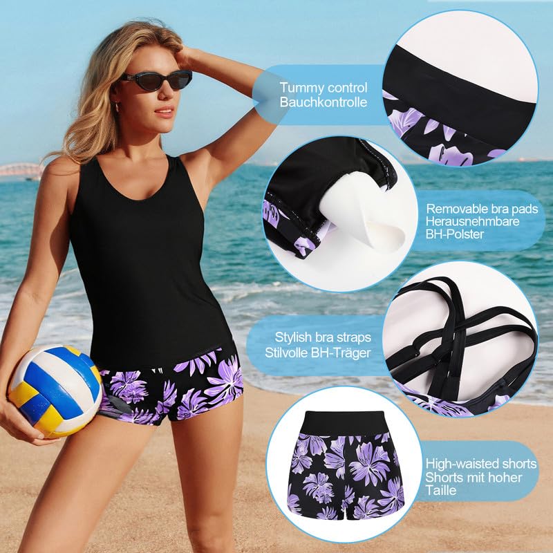 JASAMBAC Tankini da donna in 3 pezzi, bikini push up e pantaloncini da bagno a vita alta, costume da bagno semplice, costume da bagno sportivo da donna, costume da bagno per piscina, spiaggia