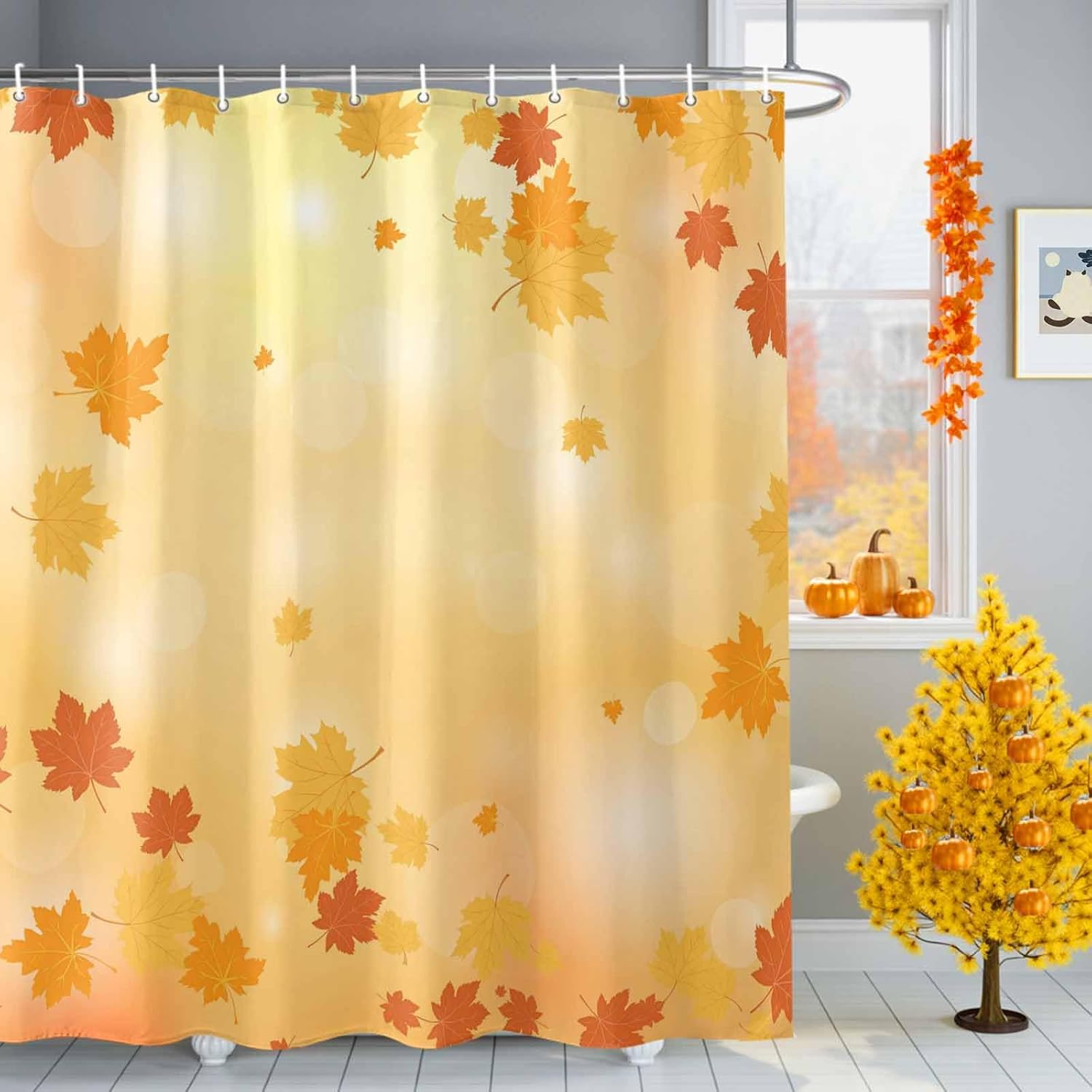 Thanksgiving Shower Curtain,Pastoral Pumpkin Fall Leaves Waterproof Shower Curtain Set with Hooks for Bathroom Showers,Stalls and Bathtubs,72x78In Orange Sunflower