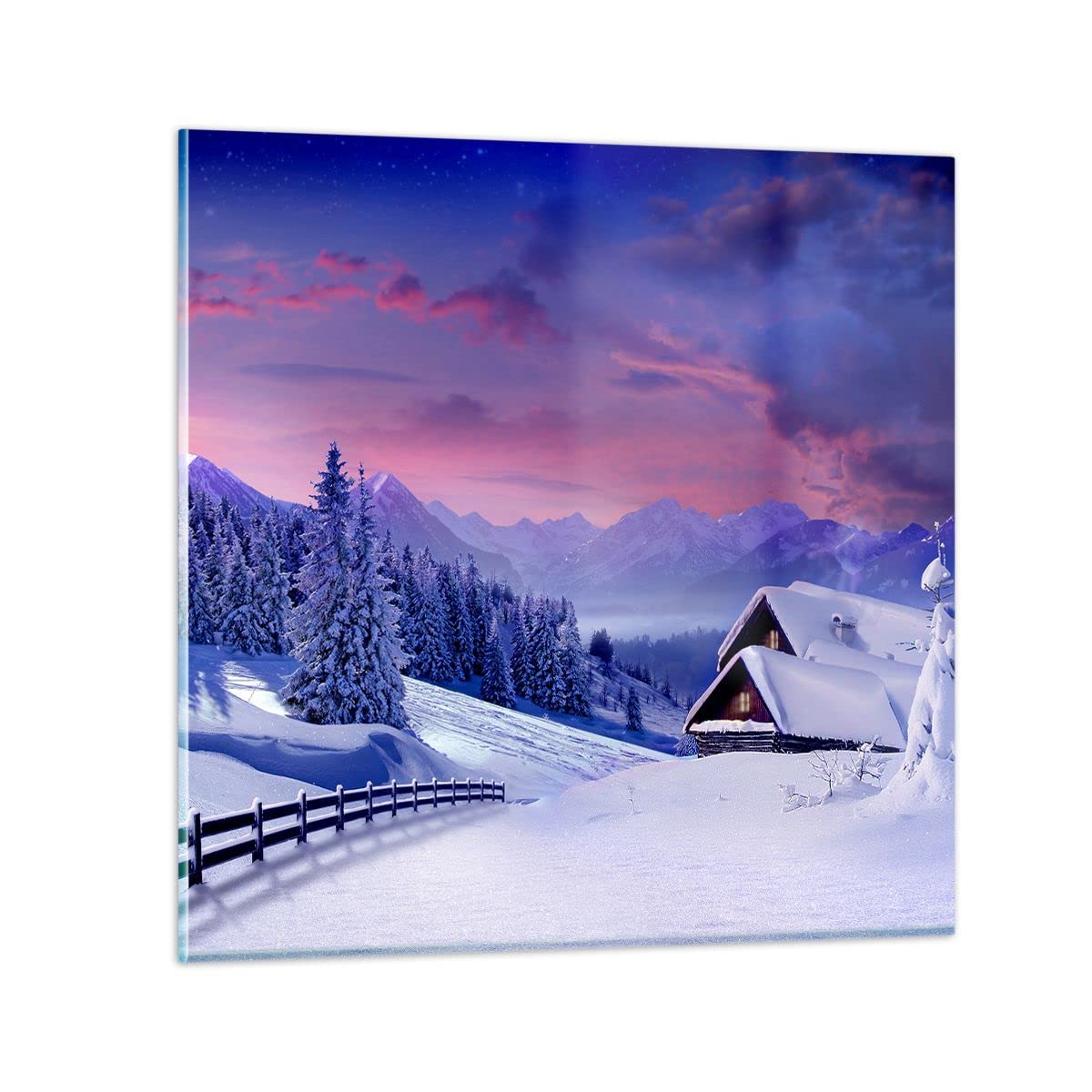 Impression sur verre - Image sur verre - Paysage d'hiver avec une forêt enneigée au coucher du