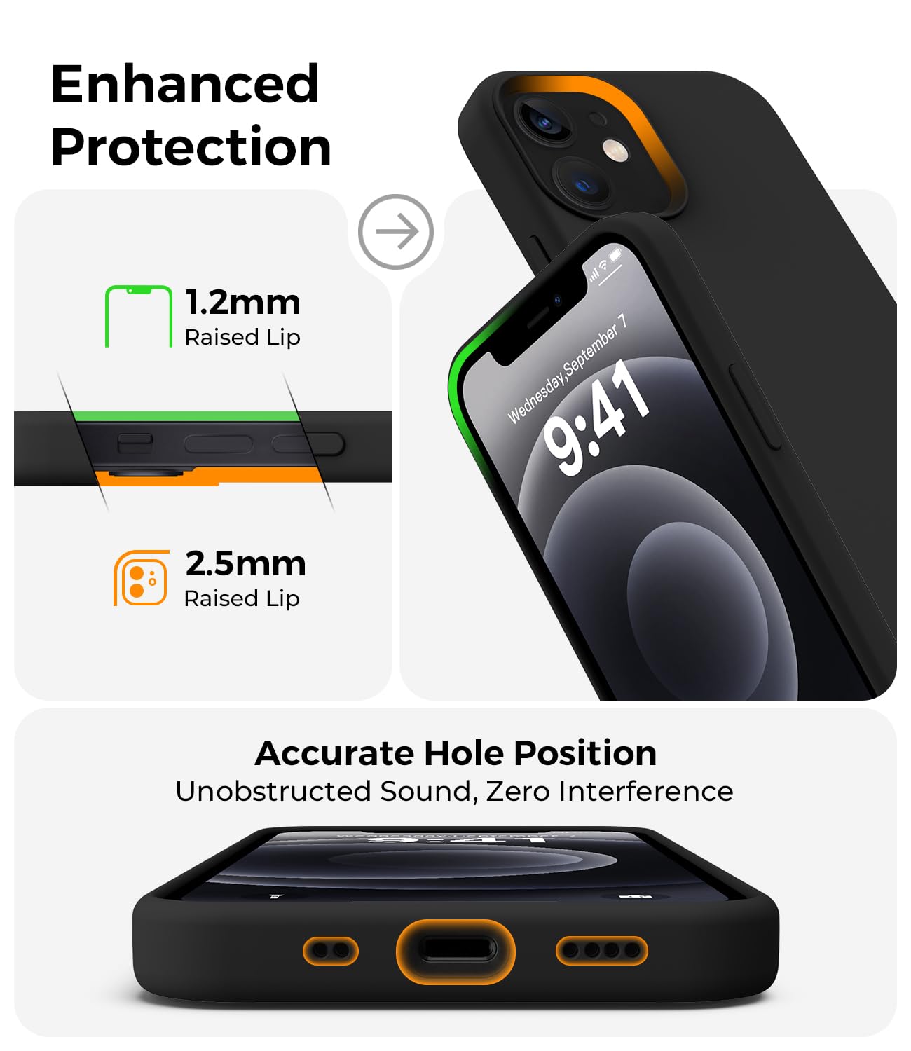 AOTESIER Stoßfeste Schutzhülle für iPhone 12 Mini, flüssiges Silikon in Lebensmittelqualität, mit weichem kratzfestem Mikrofaserfutter, Fallschutz, 13,7 cm (5,4 Zoll), schlanke, dünne Hülle, Schwarz
