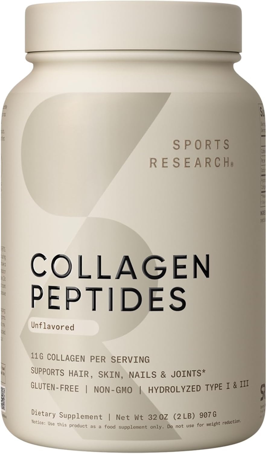 Sports Research Collagen Peptides - Hydrolyzed Type 1 & 3 Collagen Powder Protein Supplement for Healthy Skin, Nails, & Joints - Easy Mixing Vital Nutrients & Proteins, Collagen for Women & Men