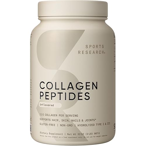 Sports Research Collagen Peptides - Hydrolyzed Type 1 & 3 Collagen Powder Protein Supplement for Healthy Skin, Nails, & Joints - Easy Mixing Vital Nutrients & Proteins, Collagen for Women & Men