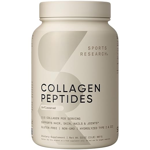 Sports Research Collagen Peptides - Hydrolyzed Type 1 & 3 Collagen Powder Protein Supplement for Healthy Skin, Nails, & Joints - Easy Mixing Vital Nutrients & Proteins, Collagen for Women & Men