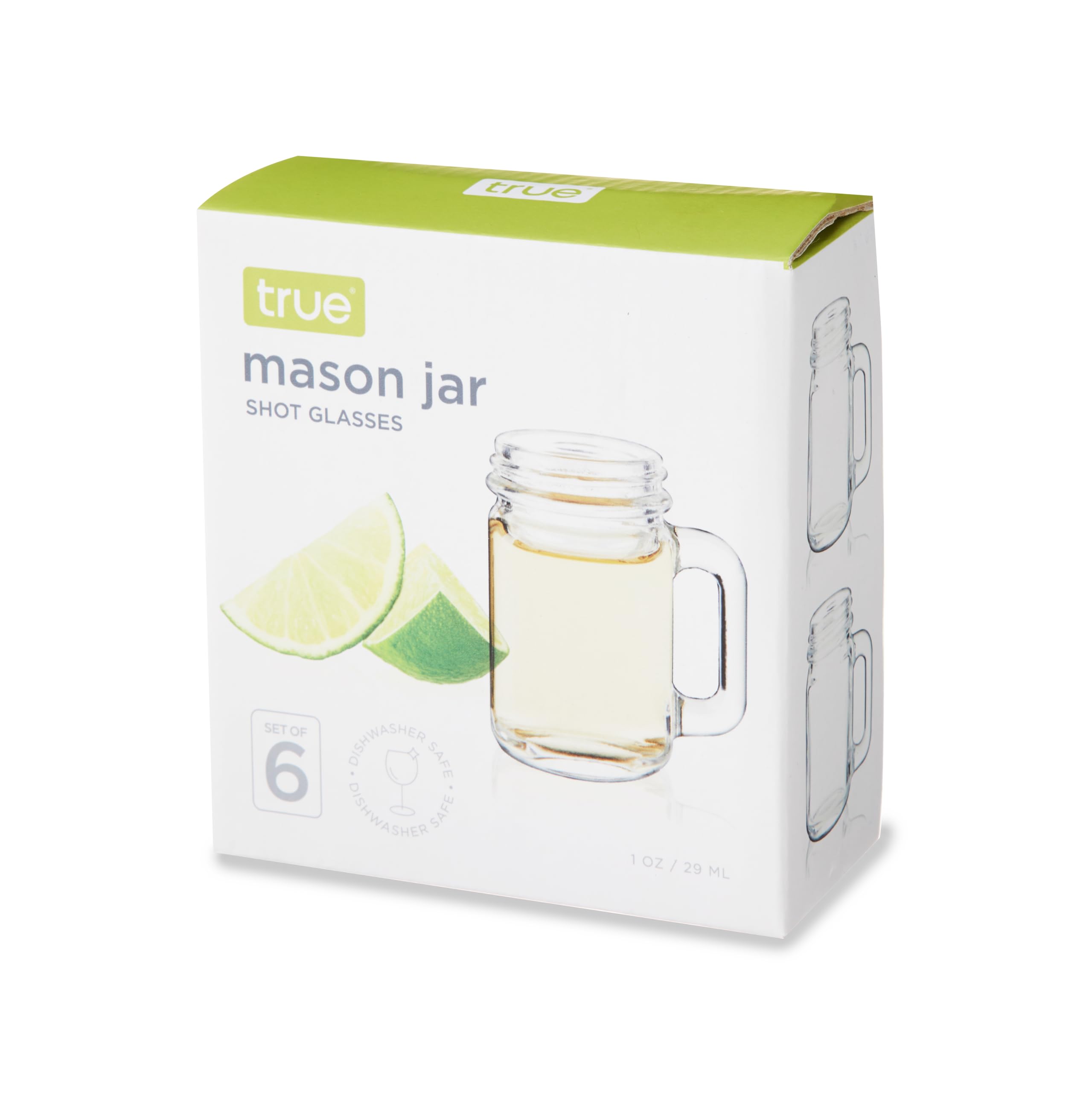 True Mason Lot de 6 mini verres à shot réutilisables en forme de bocal Mason avec poignées, 30 ml