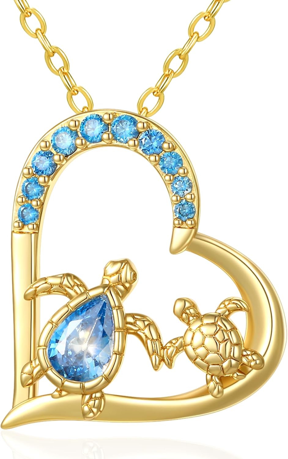 Sea Turtle Necklace 14K Gold Plated Beach Sea Turtle Pendant Necklace Blue Zircon Birthstone Jewelry Birthday Gifts for Woman Wife Mom Grandma Best Friend